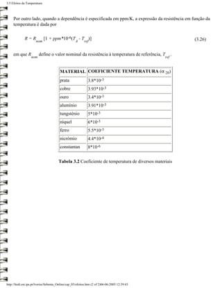 3.5 Efeitos da Temperatura



     Por outro lado, quando a dependência é especificada em ppm/K, a expressão da resistência em função da
     temperatura é dada por


             R=R             [1 + ppm*10-6(T - T )]                                                       (3.26)
                      nom                           A      ref


     em que R           define o valor nominal da resistência à temperatura de referência, T          .
                  nom                                                                           ref


                                        MATERIAL COEFICIENTE TEMPERATURA (α 20)
                                        prata                 3.8*10-3
                                        cobre                 3.93*10-3
                                        ouro                  3.4*10-3
                                        alumínio              3.91*10-3
                                        tungsténio            5*10-3
                                        níquel                6*10-3
                                        ferro                 5.5*10-3
                                        nicrómio              4.4*10-4
                                        constantan            8*10-6


                                       Tabela 3.2 Coeficiente de temperatura de diversos materiais




http://ltodi.est.ips.pt/lveriss/Sebenta_Online/cap_03/efeitos.htm (2 of 2)06-06-2005 12:39:43
 