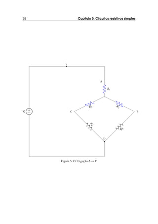 38 Capítulo 5. Circuitos resistivos simples
+
−
Vs
i
A
C B
R
4
R
5
D
Rx
Ry Rz
Figura 5.13: Ligação ∆ ⇒ Y
 