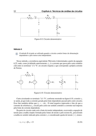 52 Capítulo 6. Técnicas de análise de circuitos
R1
i11
b
a
R2
i12
R4
i22
Figura 6.9: Circuito demonstrativo
Método II
R O método II só pode ser utilizado quando o circuito contém fontes de alimentação
dependentes e pelo menos uma independente.
Nesse método, a resistência equivalente Thévenin é determinada a partir da equação
6.22, onde, como já definido anteriormente, icc é a corrente que passa pelo curto estabele-
cido entre os terminais ae b, no circuito original, e que corresponde a própria corrente
de Norton.
+
−
Vs
R1
i1
+
−
βv0
b
icc
αi1 R2
+
−
V0
a
Figura 6.10: Circuito demonstrativo
Curto circuitando os terminais ae b, conforme mostrado na figura 6.10, a tensão vo
se anula, já que toda a corrente gerada pela fonte dependente passará pelo curto-circuito.
Esse fato também define que icc = −αi1. O sinal negativo representa o fato de que a
corrente de referência icc circula pelo curto em sentido contrário a corrente real imposta
pela fonte de corrente dependente.
Da parte do circuito onde está a fonte de tensão independente, escrevendo a equação de
tensão para a malha simples formada pelas fontes de tensão e pelo resistor R1, percorrendo
a malha no sentido indicado pela corrente i1 e considerando queda de tensão (+), temos:
−vs +v1 +βvo = 0 (6.24)
 