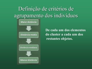 Definição de critérios de
agrupamento dos indivíduos
De cada um dos elementos
do cluster a cada um dos
restantes objetos.
 
