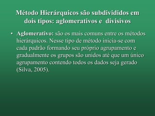 Método Hierárquicos são subdivididos em
dois tipos: aglomerativos e divisivos
• Aglomerativo: são os mais comuns entre os métodos
hierárquicos. Nesse tipo de método inicia-se com
cada padrão formando seu próprio agrupamento e
gradualmente os grupos são unidos até que um único
agrupamento contendo todos os dados seja gerado
(Silva, 2005).
 