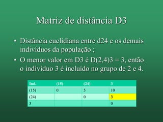 • Distância euclidiana entre d24 e os demais
indivíduos da população ;
• O menor valor em D3 é D(2,4)3 = 3, então
o indivíduo 3 é incluído no grupo de 2 e 4.
Matriz de distância D3
Ind. (15) (24) 3
(15) 0 5 10
(24) 0 3
3 0
 