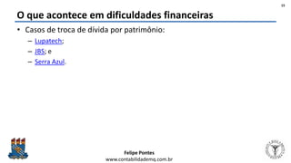 Felipe Pontes
www.contabilidademq.com.br
O que acontece em dificuldades financeiras
• Casos de troca de dívida por patrimônio:
– Lupatech;
– JBS; e
– Serra Azul.
15
 