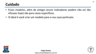 Felipe Pontes
www.contabilidademq.com.br
Cuidado
• Esses modelos, além de antigos (esses indicadores podem não ser tão
eficazes hoje) são para casos específicos.
• O ideal é você criar um modelo para o seu caso particular.
51
 