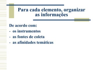 Para cada elemento, organizar as informações De acordo com:  os instrumentos as fontes de coleta as afinidades temáticas 