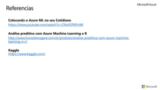 ▪ Colocando o Azure ML no seu Cotidiano
▪ https://www.youtube.com/watch?v=CNsH2PKPnWI
▪ Análise preditiva com Azure Machine Learning e R
▪ http://www.livrosdonogare.com.br/produto/analise-preditiva-com-azure-machine-
learning-e-r/
▪ Kaggle
https://www.kaggle.com/
Referencias
 