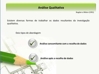 Análise quantitativaa) elaborar um registo/diário completo de todos os sujeitos abordados para participar no estudo.Realiza-se através da utilização de programas de base de dados (Excel, Acess, SPSS) que permitam definir a gama, formatos e tipos de dados que podem ser aceites em determinados campos. - Seleccionar a relevância dos dados logo após a sua recolha antes do registo- Analisar as respostas;- Averiguar se se encontram dentro dos limites aceitáveis para o estudo; - Ver se as respostas são completas; - Verificar se toda a informação foi incluída.b) Acompanhamento, sistema para seguir os sujeitos e dar ao investigador informações actualizadas sobre o estado geral do estudo.5 - Transformar dados4 - Inserir dados3 - Construir uma base de dados2- Seleccionar dados1- Registar e seguir dadosa) Identificação e codificação de valores em falta - ignorar os casos de variáveis em falta e tratá-los como estando em branco;b) Computar totais e novas variáveis;c) Reverter itens de escalas;d) Recodificar variáveis – recodificar em categorias  pode facilitar a análise e interpretação de variáveis.De modo a dar uma descrição completa e clara das variáveis que vão ser incluídas na base de dados.