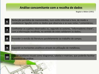 Análise quantitativa - estatística inferencialA inferência estatística ultrapassa o nível de descrição, permite estimar as características desconhecidas de uma população, mesmo que a população não tenha sido analisada na totalidade, e testar se são plausíveis determinadas hipóteses formuladas sobre essas características. objectivofazer previsões a partir da parte para o todo, ou seja, com base na análise de um conjunto limitado de alguns dados recolhidos (amostra) junto de um conjunto total de indivíduos (população), pretende-se caracterizar a população.