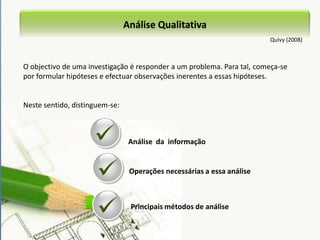 Análise quantitativa - testes mais utilizadosCoeficiente de correlação de PearsonTestes de CorrelaçãoANOVAMANOVARó de SpearmanTestes de diferença de média para grupos independentesTeste de WilcoxonTestes de diferença  de médias para amostras emparelhadas (medidas repetidas)Teste tTeste deMann-WhitneyTeste T-StudentTeste do sinalTestes de ajustamentoTeste Qui-quadradoTeste de Fisher