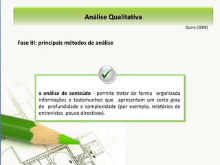 Análise QualitativaBogdan e Biklen (1991)Existem diversas formas de trabalhar os dados resultantes da investigação qualitativa.Dois tipos de abordagemAnálise concomitante com a recolha de dadosAnálise após a recolha de dados