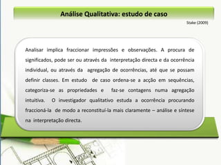 Análise QualitativaQuivy (2008) Fase I: análise da informação:Verificação empírica de modo a verificar se os resultados obtidos correspondem aos resultados esperados pela hipótese. Interpretação de factos inesperados e rever ou afinar as hipóteses de modo a poderem tirar-se conclusões. 
