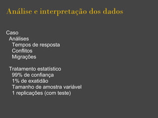 Análise e interpretação dos dados
Caso
Análises
Tempos de resposta
Conflitos
Migrações
Tratamento estatístico
99% de confiança
1% de exatidão
Tamanho de amostra variável
1 replicações (com teste)
 
