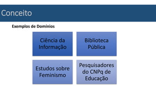 Conceito
Exemplos de Domínios
Ciência da
Informação
Biblioteca
Pública
Estudos sobre
Feminismo
Pesquisadores
do CNPq de
Educação
 