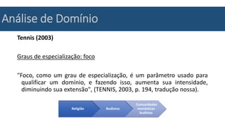Análise de Domínio
Tennis (2003)
Graus de especialização: foco
"Foco, como um grau de especialização, é um parâmetro usado para
qualificar um domínio, e fazendo isso, aumenta sua intensidade,
diminuindo sua extensão", (TENNIS, 2003, p. 194, tradução nossa).
Religião Budismo
Comunidades
monásticas
budistas
 