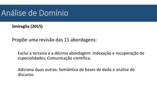 Análise de Domínio
Smiraglia (2015)
Propõe uma revisão das 11 abordagens:
Exclui a terceira e a décima abordagem: Indexação e recuperação de
especialidades; Comunicação científica.
Adiciona duas outras: Semântica de bases de dado e análise do
discurso.
 