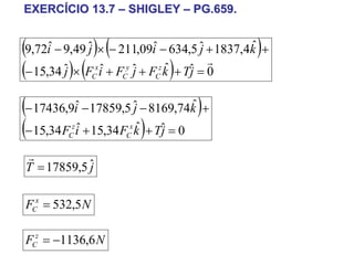 EXERCÍCIO 13.7 – SHIGLEY – PG.659.


(9,72iˆ − 9,49 ˆj )× (− 211,09iˆ − 634,5 ˆj + 1837,4kˆ )+
(− 15,34 ˆj )× (F iˆ + F ˆj + F kˆ )+ Tˆj = 0
                 x      y      z
                                            r
                C      C      C



(− 17436,9iˆ − 17859,5 ˆj − 8169,74kˆ )+
(− 15,34F iˆ + 15,34F kˆ)+ Tˆj = 0
          C
           z
                        C
                         x



r
T = 17859,5 ˆ
            j

FCx = 532,5 N

FCz = −1136,6 N
 