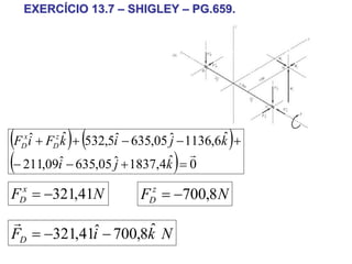 EXERCÍCIO 13.7 – SHIGLEY – PG.659.




(F iˆ + F kˆ)+ (532,5iˆ − 635,05 ˆj − 1136,6kˆ )+
  D
   x
         D
          z


(− 211,09iˆ − 635,05 ˆj + 1837,4kˆ) = 0r


F = −321,41N
 D
  x
                           F = −700,8 N
                             D
                              z


r
FD = −321,41i − 700,8k N
            ˆ        ˆ
 