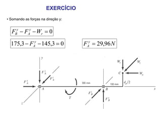 EXERCÍCIO
• Somando as forças na direção y:


  FBy − FAy − Wr = 0

  175,3 − FAy − 145,3 = 0           FAy = 29,96 N
 