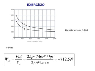 EXERCÍCIO




                               Considerando-se f=0,05;




 Forças:



      Pot 2hp ⋅ 746W / hp
Wwt =    =                = −712,5 N
      Vw    2,094 m / s
 