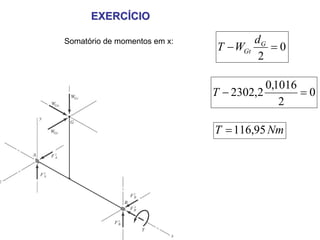 EXERCÍCIO

Somatório de momentos em x:           dG
                              T − WGt    =0
                                       2

                                         0,1016
                              T − 2302,2        =0
                                            2

                              T = 116,95 Nm
 
