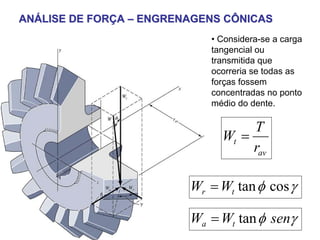 ANÁLISE DE FORÇA – ENGRENAGENS CÔNICAS
                            • Considera-se a carga
                            tangencial ou
                            transmitida que
                            ocorreria se todas as
                            forças fossem
                            concentradas no ponto
                            médio do dente.

                                   T
                              Wt =
                                   rav

                         Wr = Wt tan φ cos γ

                         Wa = Wt tan φ senγ
 