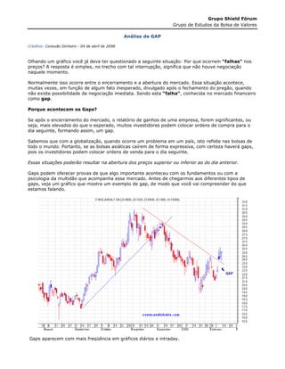 Grupo Shield Fórum
                                                                    Grupo de Estudos da Bolsa de Valores

                                                   Análise de GAP

Créditos: Conexão Dinheiro - 04 de abril de 2008



Olhando um gráfico você já deve ter questionado a seguinte situação: Por que ocorrem “falhas” nos
preços? A resposta é simples, no trecho com tal interrupção, significa que não houve negociação
   ços?
naquele momento.

Normalmente isso ocorre entre o encerramento e a abertura do mercado. Essa situação acontece,
muitas vezes, em função de algum fato inesperado, divulgado após o fechamento do pregão, quando
   tas
não existe possibilidade de negociação imediata. Sendo esta “falha“, conhecida no mercado financeiro
                                                                   ,
como gap.

Porque acontecem os Gaps?

Se após o encerramento do mercado, o relatório de ganhos de uma empresa, forem significantes, ou
                                                                                 significa
seja, mais elevados do que o esperado, muitos investidores podem colocar ordens de compra para o
dia seguinte, formando assim, um gap.

Sabemos que com a globalização, quando ocorre um problema em um país, isto reflete nas bolsas de
todo o mundo. Portanto, se as bolsas asiáticas caírem de forma expressiva, com certeza haverá gaps,
pois os investidores podem colocar ordens de venda para o dia seguinte.
          vestidores

Essas situações poderão resultar na abertura dos preços superior ou inferior ao do dia anterior.
                                                                                       anterior

Gaps podem oferecer provas de que algo importante aconteceu com os fundamentos ou com a
psicologia da multidão que acompanha esse mercado. Antes de chegarmos aos diferentes tipos de
gaps, veja um gráfico que mostra um exemplo de gap, de modo que você vai compreender do que
estamos falando.




Gaps aparecem com mais freqüência em gráficos diários e intraday.
 