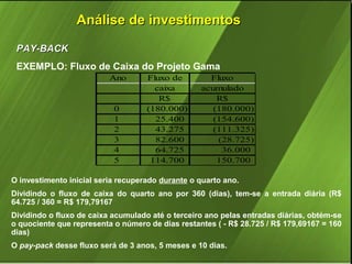Análise de investimentos
PAY-BACK
EXEMPLO: Fluxo de Caixa do Projeto Gama
Ano

0
1
2
3
4
5

Fluxo de
caixa
R$
(180.000)
25.400
43.275
82.600
64.725
114.700

Fluxo
acumulado
R$
(180.000)
(154.600)
(111.325)
(28.725)
36.000
150.700

O investimento inicial seria recuperado durante o quarto ano.
Dividindo o fluxo de caixa do quarto ano por 360 (dias), tem-se a entrada diária (R$
64.725 / 360 = R$ 179,79167
Dividindo o fluxo de caixa acumulado até o terceiro ano pelas entradas diárias, obtém-se
o quociente que representa o número de dias restantes ( - R$ 28.725 / R$ 179,69167 = 160
dias)
O pay-pack desse fluxo será de 3 anos, 5 meses e 10 dias.

 
