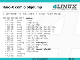 Raio-X com o objdump
$ objdump -d malware | grep -A30 main
0000000000400587 <main>:
  400587: push    %rbp
  400588: mov     %rsp,%rbp
  40058b: sub     $0x10,%rsp
  40058f: movl    $0x2823326e,-0x10(%rbp)
  400596: movl    $0x27286e2f,-0xc(%rbp)
  40059d: movl    $0x272f2e22,-0x8(%rbp)
  4005a4: movw    $0x2628,-0x4(%rbp)
  4005aa: movb    $0x0,-0x2(%rbp)
  4005ae: lea     -0x10(%rbp),%rax
  4005b2: mov     %rax,%rdi
  4005b5: callq 400534 <decrypt>
  4005ba: lea     -0x10(%rbp),%rax
  4005be: mov     %rax,%rdi
  4005c1: callq 400438 <remove@plt>
  4005c6: mov     $0x0,%eax
  4005cb: leaveq
  4005cc: retq
                      www.4linux.com.br     14 / 36
 