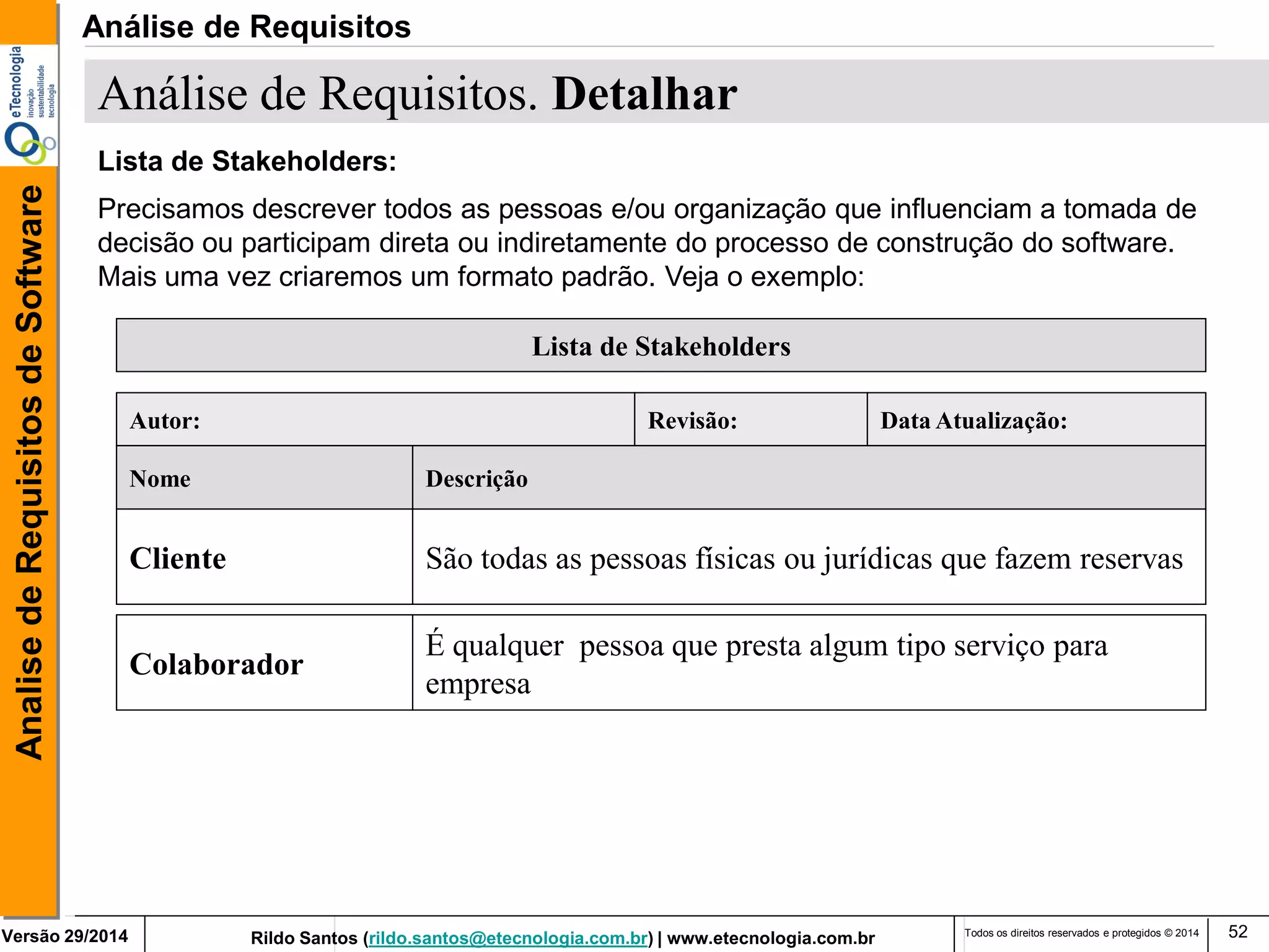 Rildo Santos (rildo.santos@etecnologia.com.br) | www.etecnologia.com.br 
Versão 29/2014 
Analise de Requisitos de Software 
Todos os direitos reservados e protegidos © 2014 
52 
Lista de Stakeholders: 
Precisamos descrever todos as pessoas e/ou organização que influenciam a tomada de decisão ou participam direta ou indiretamente do processo de construção do software. Mais uma vez criaremos um formato padrão. Veja o exemplo: 
Lista de Stakeholders 
Nome 
Descrição 
Cliente 
São todas as pessoas físicas ou jurídicas que fazem reservas 
Autor: 
Revisão: 
Data Atualização: 
Colaborador 
É qualquer pessoa que presta algum tipo serviço para empresa 
Análise de Requisitos. Detalhar 
Análise de Requisitos  