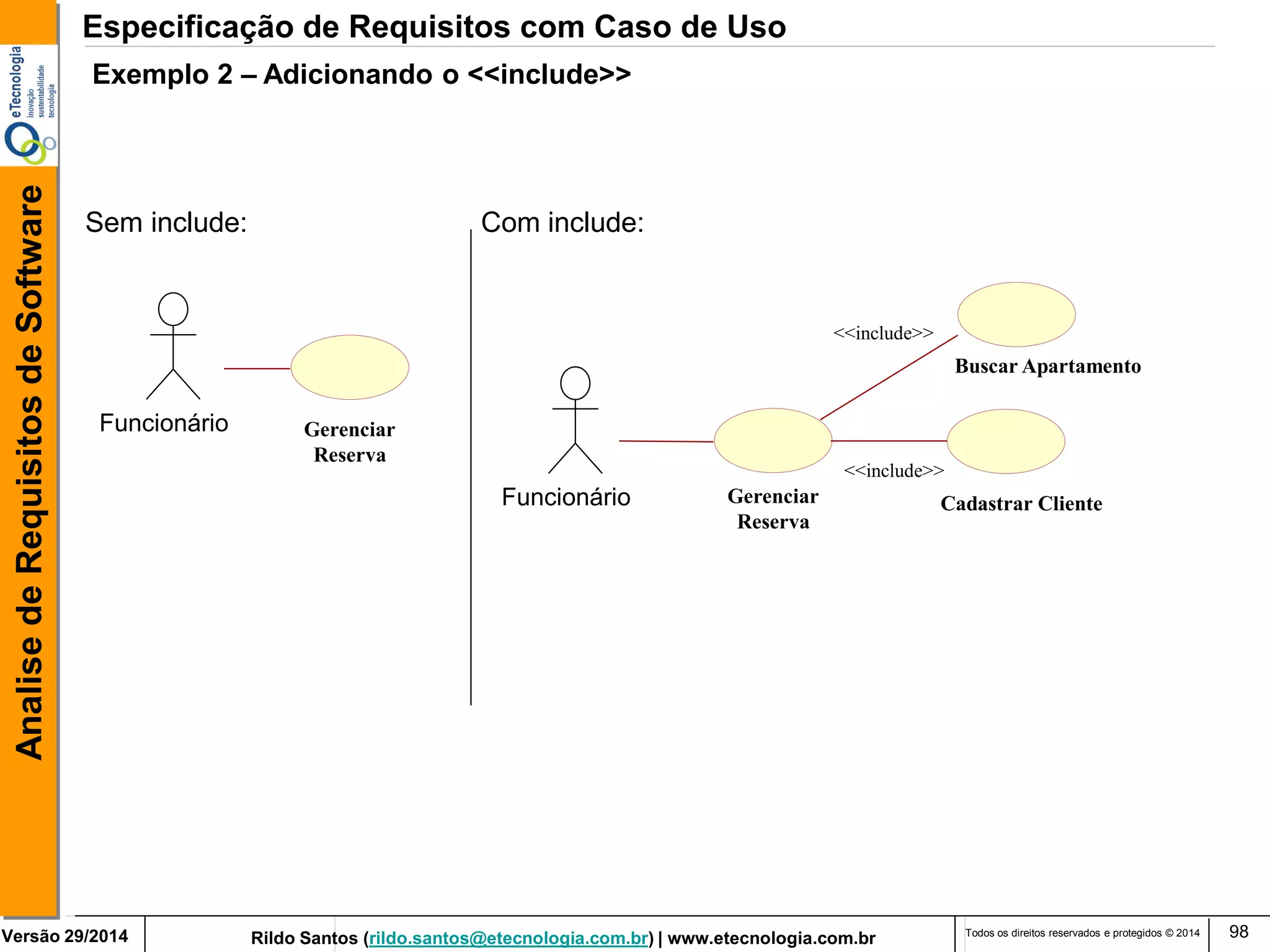 Rildo Santos (rildo.santos@etecnologia.com.br) | www.etecnologia.com.br 
Versão 29/2014 
Analise de Requisitos de Software 
Todos os direitos reservados e protegidos © 2014 
98 
Exemplo 2 – Adicionando o <<include>> 
Gerenciar Reserva 
Funcionário 
Funcionário 
Sem include: 
Com include: 
Cadastrar Cliente 
Buscar Apartamento 
<<include>> 
<<include>> 
Especificação de Requisitos com Caso de Uso 
Gerenciar Reserva  