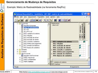 Rildo Santos (rildo.santos@etecnologia.com.br) | www.etecnologia.com.br 
Versão 29/2014 
Analise de Requisitos de Software 
Todos os direitos reservados e protegidos © 2014 
116 
Exemplo: Matriz de Rastreabilidade (na ferramenta ReqPro): 
Gerenciamento de Mudança de Requisitos  
