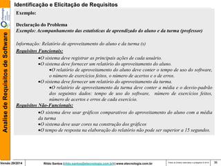 Rildo Santos (rildo.santos@etecnologia.com.br) | www.etecnologia.com.br 
Versão 29/2014 
Analise de Requisitos de Software 
Todos os direitos reservados e protegidos © 2014 
36 
Exemplo: Declaração do Problema Exemplo: Acompanhamento das estatísticas de aprendizado do aluno e da turma (professor) Informação: Relatório de aproveitamento do aluno e da turma (s) Requisitos Funcionais: 
O sistema deve registrar as principais ações de cada usuário. 
O sistema deve fornecer um relatório do aproveitamento do aluno. 
O relatório de aproveitamento do aluno deve conter o tempo de uso do software, o número de exercícios feitos, o número de acertos e o de erros. 
O sistema deve fornecer um relatório do aproveitamento da turma. 
O relatório de aproveitamento da turma deve conter a média e o desvio-padrão dos seguintes dados: tempo de uso do software, número de exercícios feitos, número de acertos e erros de cada exercício. Requisitos Não-Funcionais: 
O sistema deve usar gráficos comparativos do aproveitamento do aluno com a média da turma 
O sistema deve usar cores na construção dos gráficos 
O tempo de resposta na elaboração do relatório não pode ser superior a 15 segundos. 
Identificação e Elicitação de Requisitos  