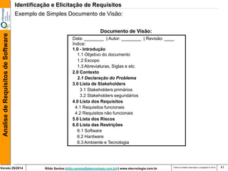 Rildo Santos (rildo.santos@etecnologia.com.br) | www.etecnologia.com.br 
Versão 29/2014 
Analise de Requisitos de Software 
Todos os direitos reservados e protegidos © 2014 
41 
Data: ________ | Autor: ________ | Revisão: ____ 
Índice: 
1.0 - Introdução 
1.1 Objetivo do documento 
1.2 Escopo 
1.3 Abreviaturas, Siglas e etc. 
2.0 Contexto 
2.1 Declaração do Problema 
3.0 Lista de Stakeholders 
3.1 Stakeholders primários 
3.2 Stakeholders segundários 
4.0 Lista dos Requisitos 
4.1 Requisitos funcionais 
4.2 Requisitos não funcionais 
5.0 Lista dos Riscos 
6.0 Lista das Restrições 
6.1 Software 
6.2 Hardware 
6.3 Ambiente e Tecnologia 
Documento de Visão: 
Identificação e Elicitação de Requisitos 
Exemplo de Simples Documento de Visão:  