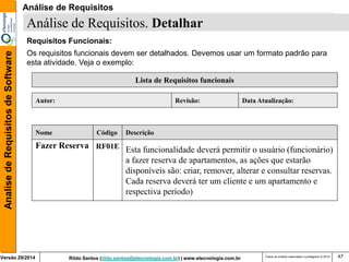 Rildo Santos (rildo.santos@etecnologia.com.br) | www.etecnologia.com.br 
Versão 29/2014 
Analise de Requisitos de Software 
Todos os direitos reservados e protegidos © 2014 
47 
Requisitos Funcionais: 
Os requisitos funcionais devem ser detalhados. Devemos usar um formato padrão para esta atividade. Veja o exemplo: 
Análise de Requisitos. Detalhar 
Lista de Requisitos funcionais 
Nome 
Descrição 
Fazer Reserva 
Esta funcionalidade deverá permitir o usuário (funcionário) a fazer reserva de apartamentos, as ações que estarão 
disponíveis são: criar, remover, alterar e consultar reservas. 
Cada reserva deverá ter um cliente e um apartamento e respectiva período) 
Autor: 
Revisão: 
Data Atualização: 
RF01E 
Código 
Análise de Requisitos  