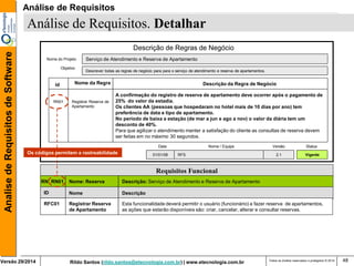 Rildo Santos (rildo.santos@etecnologia.com.br) | www.etecnologia.com.br 
Versão 29/2014 
Analise de Requisitos de Software 
Todos os direitos reservados e protegidos © 2014 
48 
id 
Nome da Regra 
Nome do Projeto 
Serviço de Atendimento e Reserva de Apartamento 
Objetivo 
Descrever todas as regras de negócio para para o serviço de atendimento e reserva de apartamentos. 
Data 
01/01/08 
RFS 
2.1 
Nome / Equipe 
Versão 
RN01 
Descrição de Regras de Negócio 
Descrição da Regra de Negócio 
Registrar Reserva de Apartamento 
A confirmação do registro de reserva de apartamento deve ocorrer após o pagamento de 25% do valor da estadia. Os clientes AA (pessoas que hospedaram no hotel mais de 10 dias por ano) tem preferência de data e tipo de apartamento. No período de baixa a estação (de mar a jun e ago a nov) o valor da diária tem um desconto de 40%. Para que agilizar o atendimento manter a satisfação do cliente as consultas de reserva devem ser feitas em no máximo 30 segundos. 
Vigente 
Status 
Nome 
Descrição 
Registrar Reserva de Apartamento 
Esta funcionalidade deverá permitir o usuário (funcionário) a fazer reserva de apartamentos, as ações que estarão disponíveis são: criar, cancelar, alterar e consultar reservas. 
Requisitos Funcional 
ID 
RFC01 
Análise de Requisitos. Detalhar 
Nome: Reserva 
Descrição: Serviço de Atendimento e Reserva de Apartamento 
RN: RN01 
Os códigos permitem a rastreabilidade 
Análise de Requisitos  