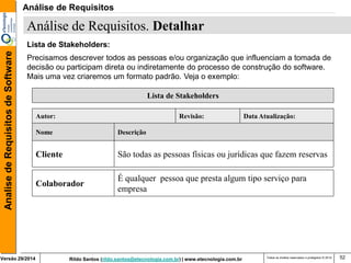 Rildo Santos (rildo.santos@etecnologia.com.br) | www.etecnologia.com.br 
Versão 29/2014 
Analise de Requisitos de Software 
Todos os direitos reservados e protegidos © 2014 
52 
Lista de Stakeholders: 
Precisamos descrever todos as pessoas e/ou organização que influenciam a tomada de decisão ou participam direta ou indiretamente do processo de construção do software. Mais uma vez criaremos um formato padrão. Veja o exemplo: 
Lista de Stakeholders 
Nome 
Descrição 
Cliente 
São todas as pessoas físicas ou jurídicas que fazem reservas 
Autor: 
Revisão: 
Data Atualização: 
Colaborador 
É qualquer pessoa que presta algum tipo serviço para empresa 
Análise de Requisitos. Detalhar 
Análise de Requisitos  