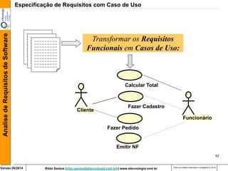 Rildo Santos (rildo.santos@etecnologia.com.br) | www.etecnologia.com.br 
Versão 29/2014 
Analise de Requisitos de Software 
Todos os direitos reservados e protegidos © 2014 
62 
Cliente 
Emitir NF 
Fazer Pedido 
Fazer Cadastro 
Calcular Total 
Funcionário 
Transformar os Requisitos Funcionais em Casos de Uso: 
Especificação de Requisitos com Caso de Uso  