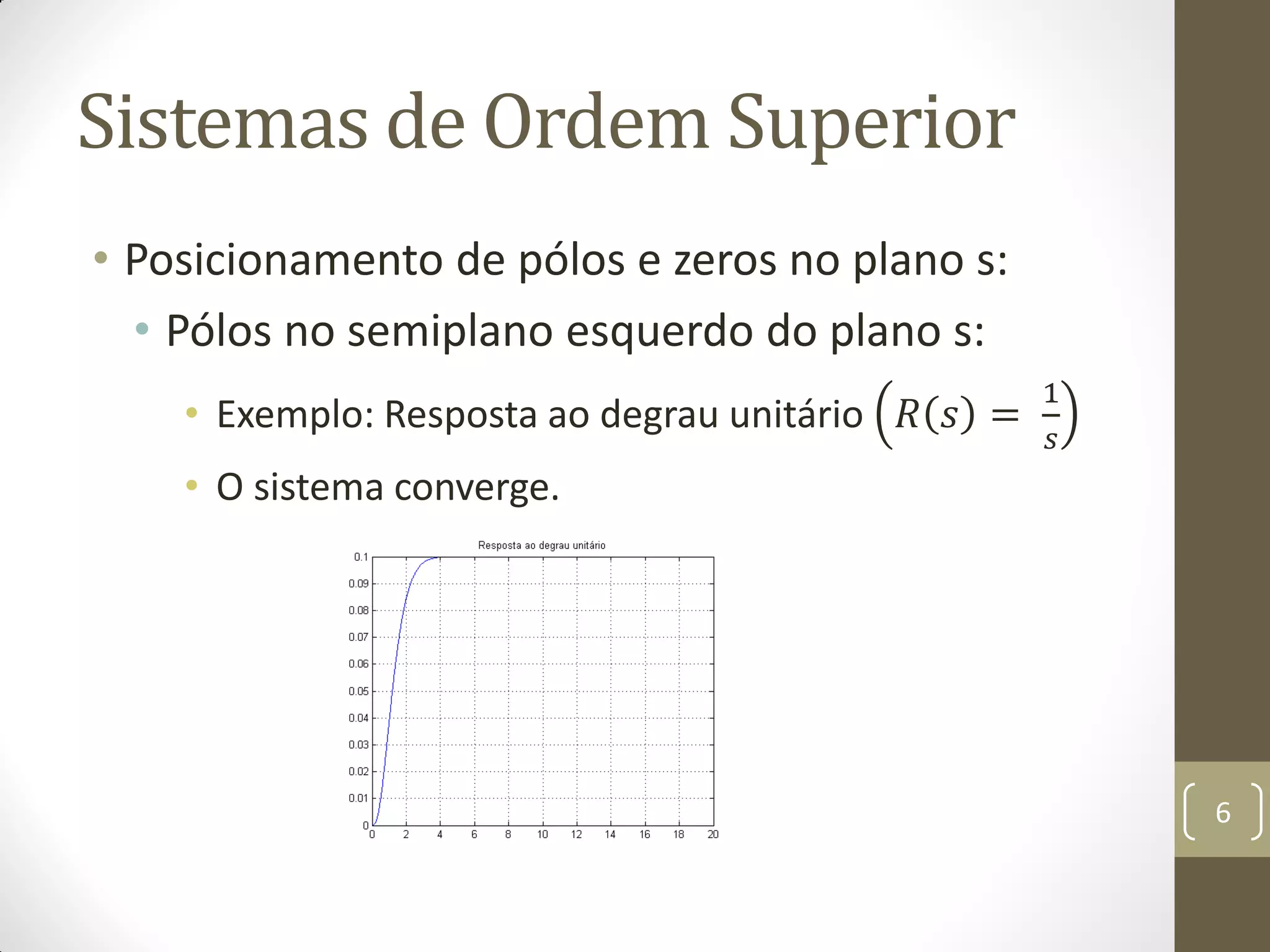 Sistemas de Ordem Superior
• Posicionamento de pólos e zeros no plano s:
• Pólos no semiplano esquerdo do plano s:
• Exemplo: Resposta ao degrau unitário 𝑅 𝑠 =
1
𝑠
• O sistema converge.
6
 