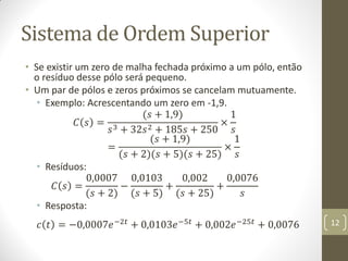 Sistema de Ordem Superior
• Se existir um zero de malha fechada próximo a um pólo, então
o resíduo desse pólo será pequeno.
• Um par de pólos e zeros próximos se cancelam mutuamente.
• Exemplo: Acrescentando um zero em -1,9.
𝐶 𝑠 =
(𝑠 + 1,9)
𝑠3 + 32𝑠2 + 185𝑠 + 250
×
1
𝑠
=
(𝑠 + 1,9)
(𝑠 + 2)(𝑠 + 5)(𝑠 + 25)
×
1
𝑠
• Resíduos:
𝐶 𝑠 =
0,0007
(𝑠 + 2)
−
0,0103
(𝑠 + 5)
+
0,002
(𝑠 + 25)
+
0,0076
𝑠
• Resposta:
𝑐 𝑡 = −0,0007𝑒−2𝑡
+ 0,0103𝑒−5𝑡
+ 0,002𝑒−25𝑡
+ 0,0076 12
 