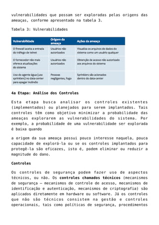 vulnerabilidades que possam ser exploradas pelas origens das
ameaças, conforme apresentado na tabela 3.
Tabela 3: Vulnerabilidades
4a Etapa: Análise dos Controles
Esta etapa busca analisar os controles existentes
(implementados) ou planejados para serem implantados. Tais
controles têm como objetivo minimizar a probabilidade das
ameaças explorarem as vulnerabilidades do sistema. Por
exemplo, a probabilidade de uma vulnerabilidade ser explorada
é baixa quando
a origem da sua ameaça possui pouco interesse naquela, pouca
capacidade de explorá-la ou se os controles implantados para
protegê-la são eficazes, isto é, podem eliminar ou reduzir a
magnitude do dano.
Controles
Os controles de segurança podem fazer uso de aspectos
técnicos, ou não. Os controles chamados técnicos (mecanismos
de segurança – mecanismos de controle de acesso, mecanismos de
identificação e autenticação, mecanismos de criptografia) são
aplicados diretamente em hardware ou software. Já os controles
que não são técnicos consistem na gestão e controles
operacionais, tais como políticas de segurança, procedimentos
 