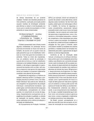 de vítimas decorrentes de um acidente
ampliado. Também nas indústrias poluidoras do
meio ambiente, a poluição provocada poderá
requerer medidas de remediação ambiental,
para eliminar ou reduzir o nível de poluição e os
riscos para a saúde da população e o meio
ambiente em áreas contaminadas.
Os Níveis da Ação Pr eventiva:
oTrabalhador/Indivíduo ,
o Posto/Setor de Trabalho , a
Empresa e a Sociedade em Geral
A tabela apresentada mais a frente mostra
algumas modalidades de prevenção técnica
possíveis envolvendo os riscos nos locais de
trabalho, de acordo com os quatro níveis da
ação preventiva que vai do trabalhador indivi-
dual ao nível mais geral da sociedade e do
ambiente. Todos os níveis são importantes,
mas um problema central da prevenção é
quando ela se limita ao nível do trabalhador
individual ou de medidas limitadas nos locais de
trabalho, e não atinge a organização e o geren-
ciamento da empresa como um todo, nem ana-
lisa os aspectos mais gerais da organização
social que impedem ou propiciam implementar
condições mais efetivas de prevenção.
Aengenharia de segurança e a medicina do
trabalho clássicas tendem a privilegiar a pre-
venção prescrita do primeiro nível, a do traba-
lhador individual. Isso pode se dar: através do
uso obrigatório de equipamentos de proteção
individuais - eventualmente inevitáveis - que
podem gerar uma fonte adicional de carga para
os trabalhadores, principalmente em climas
quentes; do cumprimento de normas de segu-
rança, freqüentemente incompatíveis com as
exigências de produção e qualidade; ou através
da realização de exames médicos, muitas
vezes realizados como critérios de seleção e
demissão de trabalhadores.
Os Equipamentos de Proteção Individual
(EPI’s), por exemplo, devem ser adotados só
quando não existam outras alternativas, sendo
algumas vezes inevitáveis. Se não forem ade-
quados, podem gerar uma sobrecarga e dificul-
tar o trabalho. As normas de segurança e
outros procedimentos operacionais sempre
precisarão existir onde houver riscos nos locais
de trabalho, mas em conjunto com outras medi-
das gerenciais e organizacionais, como o trei-
namento e informações adequados, e devem
ser compatíveis e mais importantes que outras
normas e ordens de produção. Os trabalhado-
res devem ter o direito de recusa a trabalhar em
situações de risco grave e iminente, assim
como devem receber os resultados dos exames
periódicos, e medidas devem ser tomadas ime-
diatamente para evitar o agravamento de algum
sintoma ou doença diagnosticada.
Conforme já dito na introdução deste
manual, a mudança de um enfoque individua-
lista punitivo para uma modalidade preventiva
coletiva mais eficiente vem ocorrendo principal-
mente a partir da década de 60 nos países cen-
trais, através do desenvolvimento de disciplinas
e implementação de medidas mais coletivas e
eficientes de controle dos riscos. AErgonomia e
o desenvolvimento da Engenharia de Segu-
rança Sistêmica são exemplos desse processo.
Esses avanços propiciaram a compreensão da
importância dos níveis mais elevados de pre-
venção, como o gerenciamento de riscos e a
noção de falha gerencial. Este termo significa
que um acidente ou doença pode ocorrer não
apenas em função das falhas ou acontecimen-
tos imediatamente anteriores aos efeitos à
saúde, ou ao comportamento dos trabalhado-
res. Ou seja, a questão fundamental aqui é veri-
ficar como uma empresa analisa e gerencia
seus riscos, cumpre a legislação e implementa
as medidas preventivas mais adequadas.
No Brasil, contudo, principalmente só a
partir dos anos 80 é que vem se dando um pro-
cesso de introdução de novos enfoques pre-
-28 -
Análise de riscos nos locais de trabalho
 