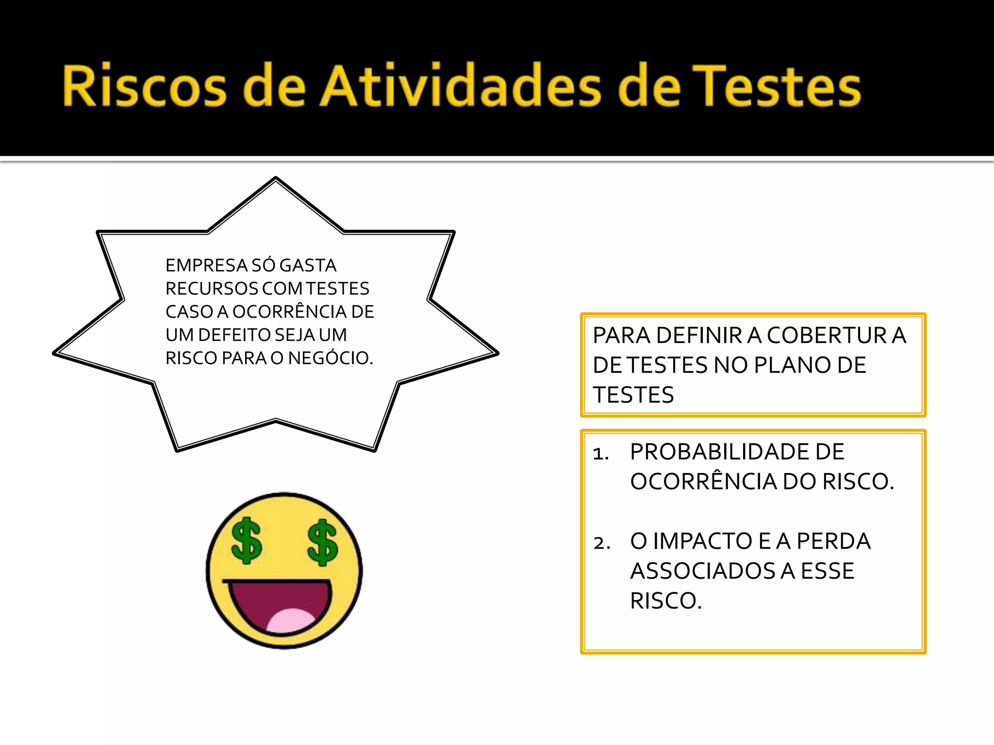 EMPRESA SÓGASTA
RECURSOSCOMTESTES
CASOA OCORRÊNCIA DE
UM DEFEITOSEJA UM
RISCO PARAO NEGÓCIO.
PARA DEFINIRA COBERTURA
DETESTES NO PLANO DE
TESTES
1. PROBABILIDADE DE
OCORRÊNCIA DO RISCO.
2. O IMPACTO E A PERDA
ASSOCIADOSA ESSE
RISCO.
 