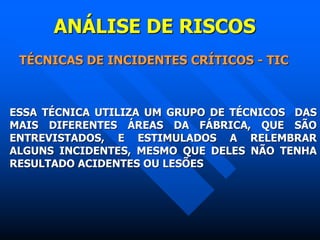 ANÁLISE DE RISCOS
TÉCNICAS DE INCIDENTES CRÍTICOS - TIC
ESSA TÉCNICA UTILIZA UM GRUPO DE TÉCNICOS DAS
MAIS DIFERENTES ÁREAS DA FÁBRICA, QUE SÃO
ENTREVISTADOS, E ESTIMULADOS A RELEMBRAR
ALGUNS INCIDENTES, MESMO QUE DELES NÃO TENHA
RESULTADO ACIDENTES OU LESÕES
 