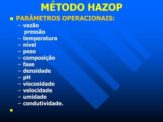 MÉTODO HAZOP
 PARÂMETROS OPERACIONAIS:
– vazão
pressão
– temperatura
– nível
– peso
– composição
– fase
– densidade
– pH
– viscosidade
– velocidade
– umidade
– condutividade.

 