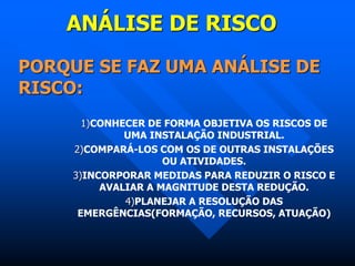 ANÁLISE DE RISCO
PORQUE SE FAZ UMA ANÁLISE DE
RISCO:
1)CONHECER DE FORMA OBJETIVA OS RISCOS DE
UMA INSTALAÇÃO INDUSTRIAL.
2)COMPARÁ-LOS COM OS DE OUTRAS INSTALAÇÕES
OU ATIVIDADES.
3)INCORPORAR MEDIDAS PARA REDUZIR O RISCO E
AVALIAR A MAGNITUDE DESTA REDUÇÃO.
4)PLANEJAR A RESOLUÇÃO DAS
EMERGÊNCIAS(FORMAÇÃO, RECURSOS, ATUAÇÃO)
 