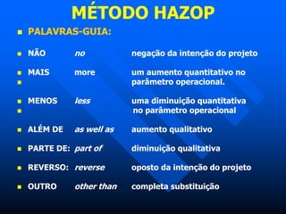 MÉTODO HAZOP
 PALAVRAS-GUIA:
 NÃO no negação da intenção do projeto
 MAIS more um aumento quantitativo no
 parâmetro operacional.
 MENOS less uma diminuição quantitativa
 no parâmetro operacional
 ALÉM DE as well as aumento qualitativo
 PARTE DE: part of diminuição qualitativa
 REVERSO: reverse oposto da intenção do projeto
 OUTRO other than completa substituição
 