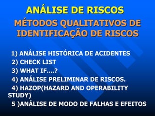 ANÁLISE DE RISCOS
MÉTODOS QUALITATIVOS DE
IDENTIFICAÇÃO DE RISCOS
1) ANÁLISE HISTÓRICA DE ACIDENTES
2) CHECK LIST
3) WHAT IF....?
4) ANÁLISE PRELIMINAR DE RISCOS.
4) HAZOP(HAZARD AND OPERABILITY
STUDY)
5 )ANÁLISE DE MODO DE FALHAS E EFEITOS
 