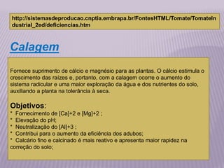 Calagem
Fornece suprimento de cálcio e magnésio para as plantas. O cálcio estimula o
crescimento das raízes e, portanto, com a calagem ocorre o aumento do
sistema radicular e uma maior exploração da água e dos nutrientes do solo,
auxiliando a planta na tolerância à seca.
Objetivos:
* Fornecimento de [Ca]+2 e [Mg]+2 ;
* Elevação do pH;
* Neutralização do [Al]+3 ;
* Contribui para o aumento da eficiência dos adubos;
* Calcário fino e calcinado é mais reativo e apresenta maior rapidez na
correção do solo;
http://sistemasdeproducao.cnptia.embrapa.br/FontesHTML/Tomate/TomateIn
dustrial_2ed/deficiencias.htm
 