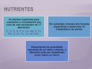 NUTRIENTES
As plantas superiores para
crescerem e completarem seu
ciclo de vida necessitam de 17
elementos:
C, O, H, N, P, K, Ca, Mg, S, Cl,
Mn, B, Zn, Fe, Cu, Ni e Mo.
Os nutrientes minerais tem funções
específicas e essenciais no
metabolismo da planta;
Dependendo da quantidade
requerida de um dado nutriente, o
elemento pode ser classificado
como macro ou micro;
 