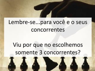 Lembre-se...para você e o seus
concorrentes
Viu por que no escolhemos
somente 3 concorrentes?
 